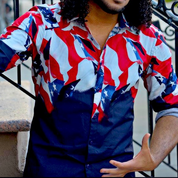 Macy’s INC men’s Abstract Stars and Stripes MED slim shirt Red white / Navy - Picture 1 of 11